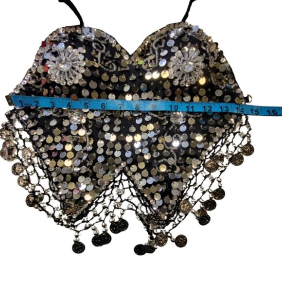 Black Sequin Halter Crop Top Silver Sequin Backless Belly Dancing Tops NEW - Picture 7 of 8